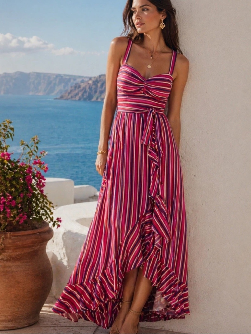 Anthropologie Maeve Gabriela Ruffled Maxi Dress in Pink Combo Stripes